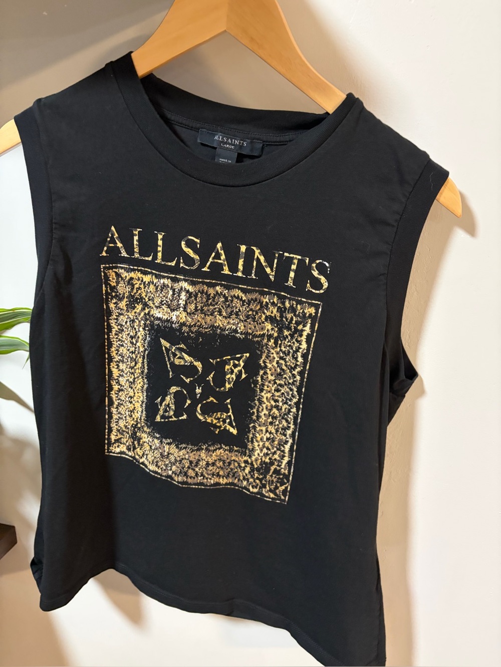 AllSaints Black Muscle Tee with Metallic Gold Graphic